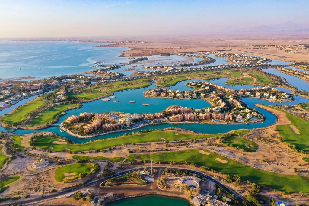 El Gouna aerial view showing golf course, lagoons and Red Sea coastline