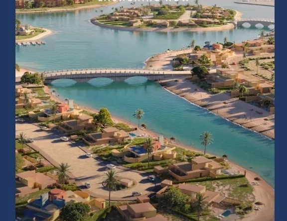 Scenic aerial view of El Gouna showcasing lagoons, islands and luxury coastal living in Egypt