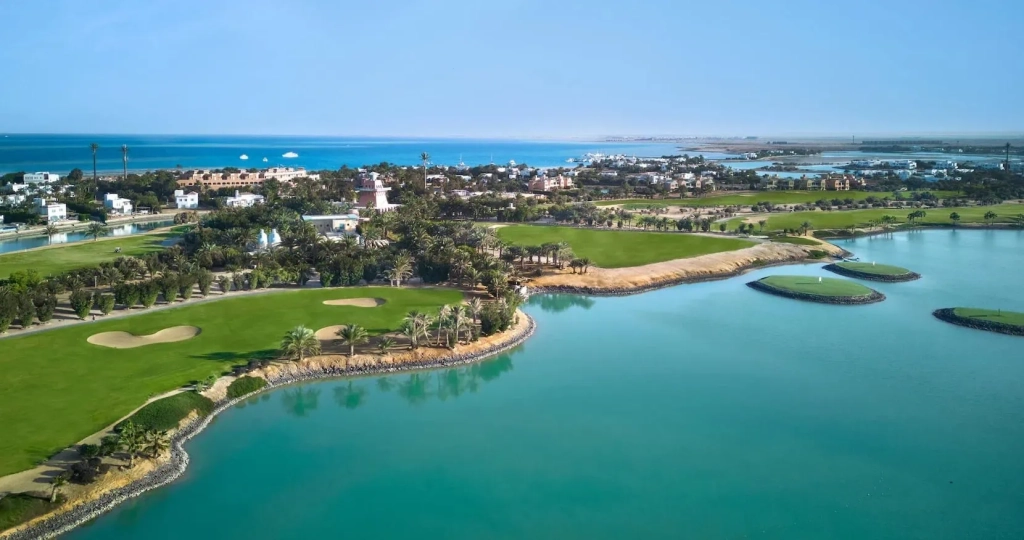 El Gouna Golf Club at Steigenberger Golf Resort overlooking lagoon and green fairways