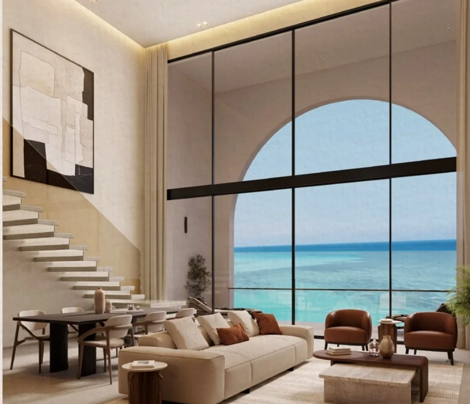 Luxury living room with sea view at Fanadir Shores El Gouna overlooking the Red Sea coastline