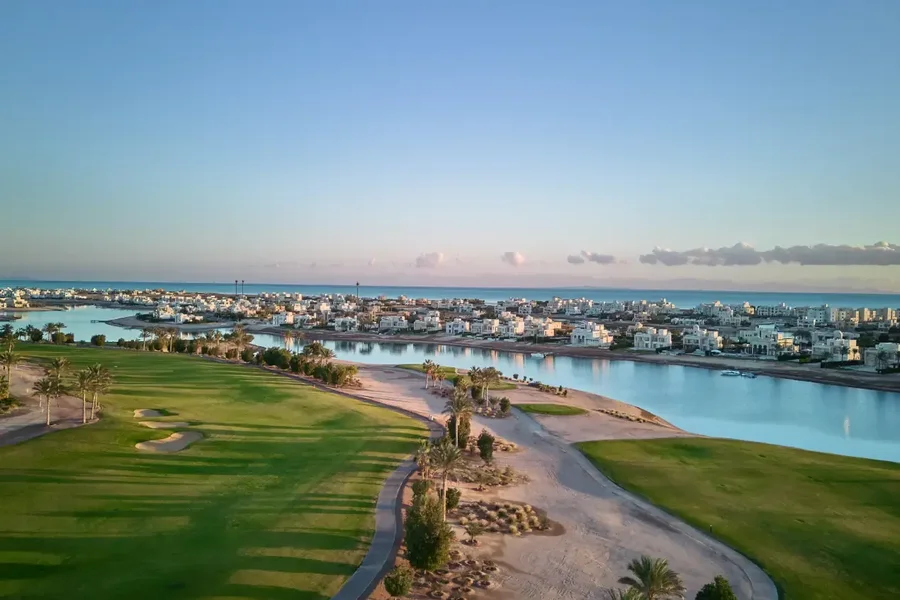 Ancient Sands Golf Course overlooking lagoons and Red Sea in El Gouna