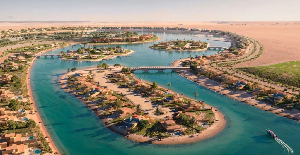 Tuban El Gouna aerial view showcasing interconnected lagoon islands and luxury waterfront living