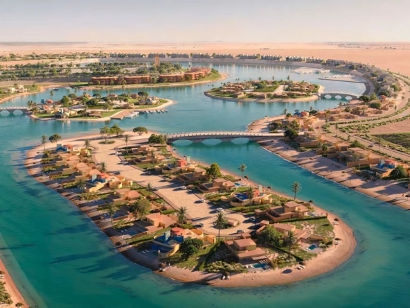 Tuban El Gouna aerial view showcasing interconnected lagoon islands and luxury waterfront living