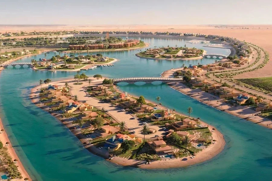 Tuban El Gouna lagoon islands aerial view with waterfront homes