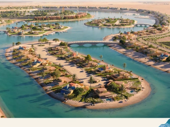 Tuban Islands El Gouna masterplan aerial showcasing interconnected islands, scenic lagoons and luxury waterfront residences