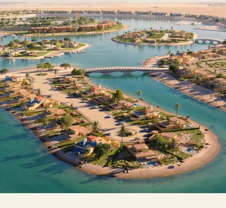 Tuban Islands El Gouna masterplan aerial showcasing interconnected islands, scenic lagoons and luxury waterfront residences