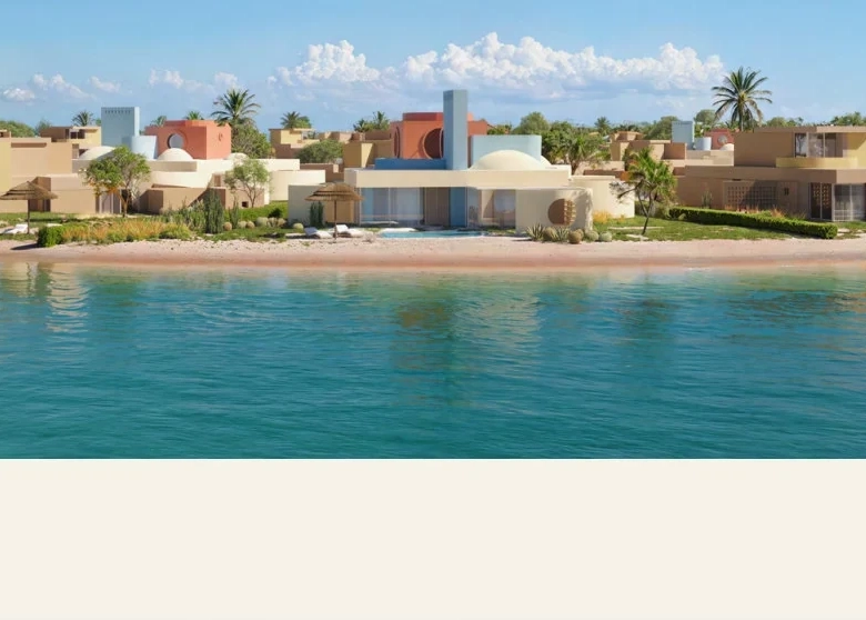Lagoon-side community at Tuban Islands El Gouna featuring island living, coastal architecture and panoramic water views